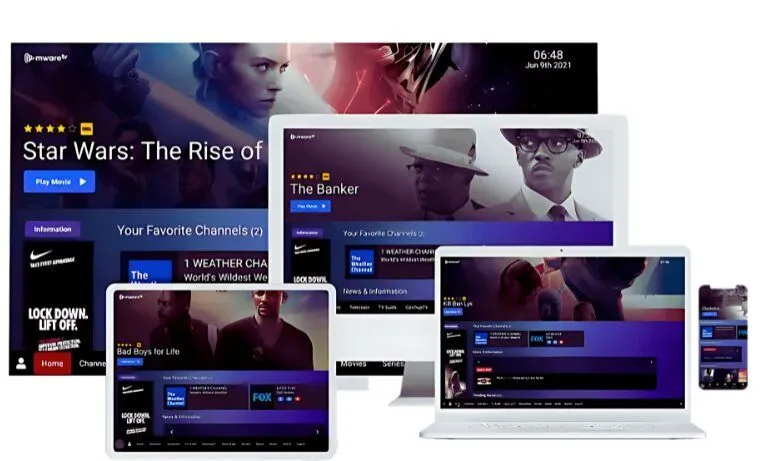 Interface TVsolution regroupant chaînes TV en direct et VOD films séries